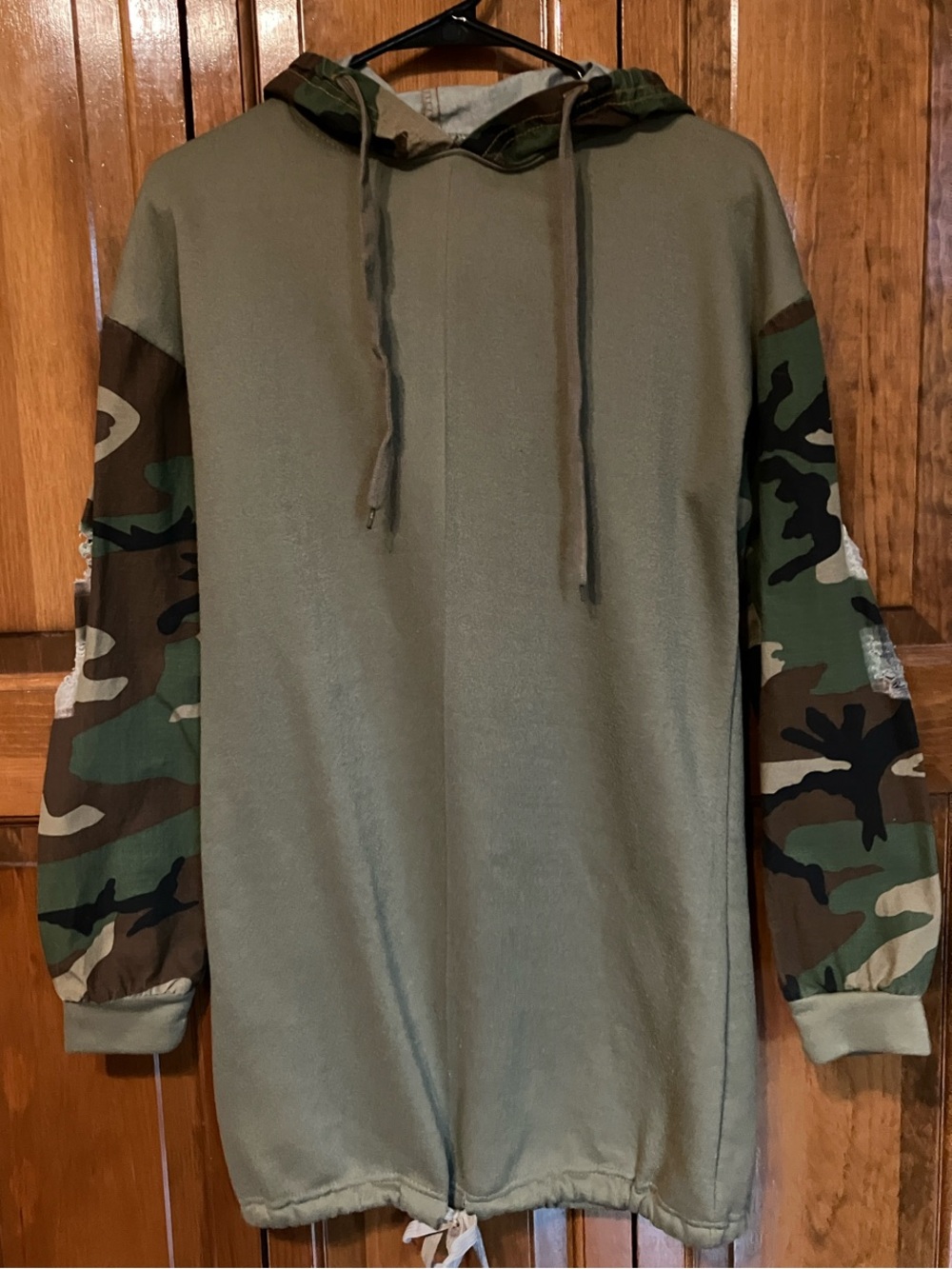 Womens Olive Green Hoodie DRESS W/Camo Sleeves & Fleece interior